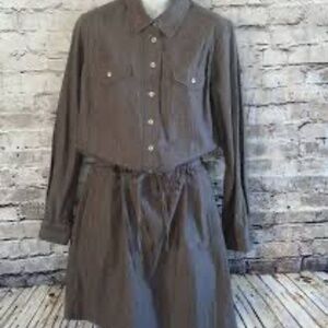 Boden Womens Henley Dress Size 14L Brown Half Button Drawstring Waist Pockets